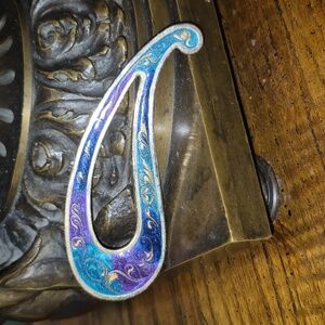Vintage 80's Art Noveau Swirl Turquoise Blue Green Gold Paisley Pin Brooch